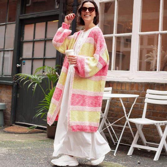 Tracy Stripe Balloon Sleeve Midi Cardigan - Pink