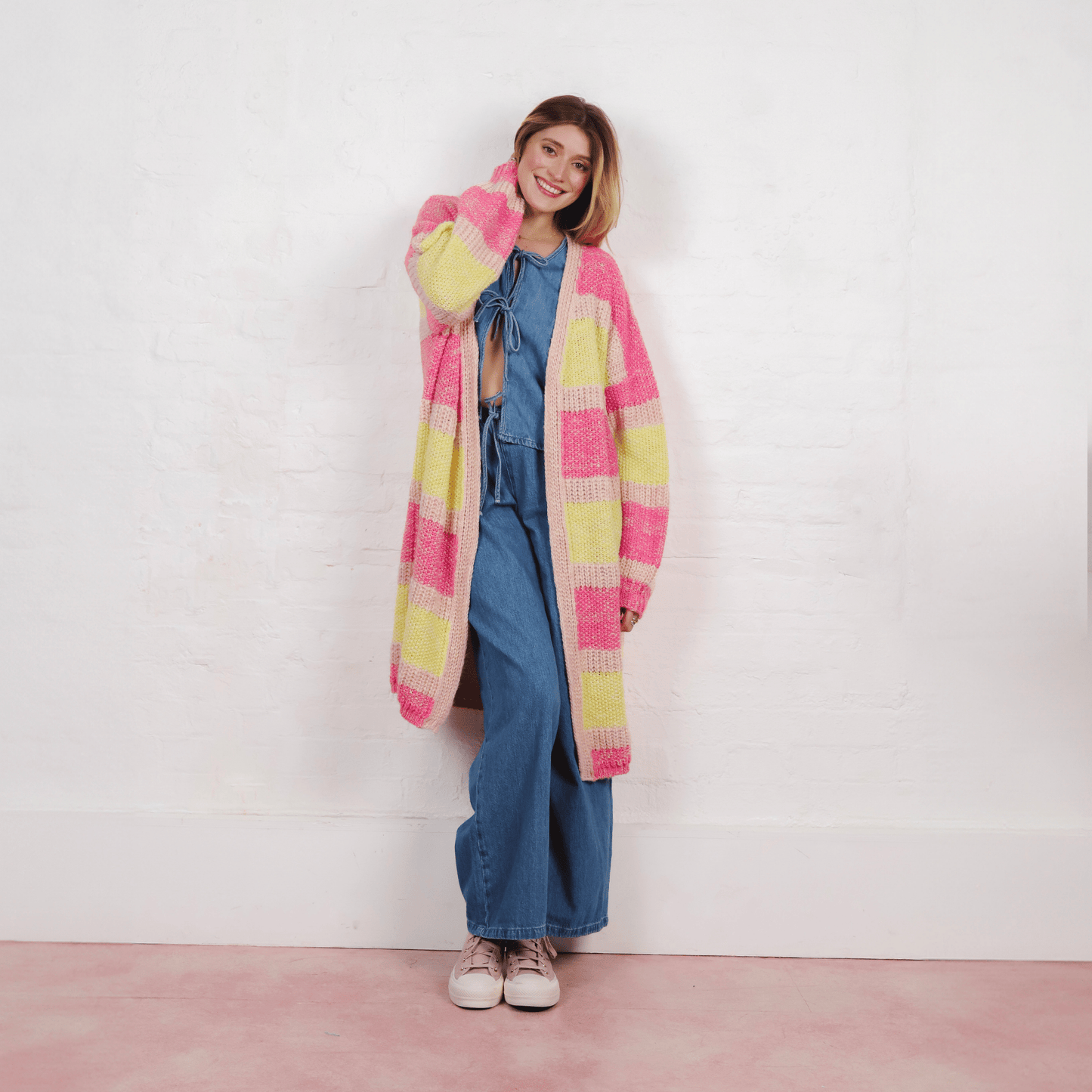 Tracy Stripe Balloon Sleeve Midi Cardigan - Pink