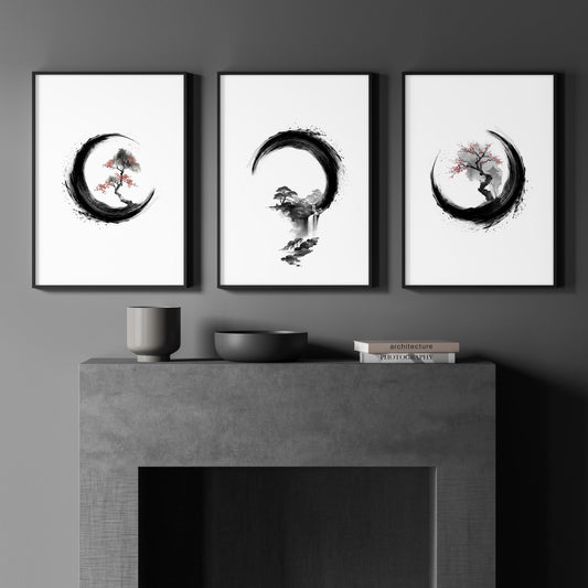 Traditional Japanese Wall Art | Enso Circle Ink Brush Zen Prints | Set of 3