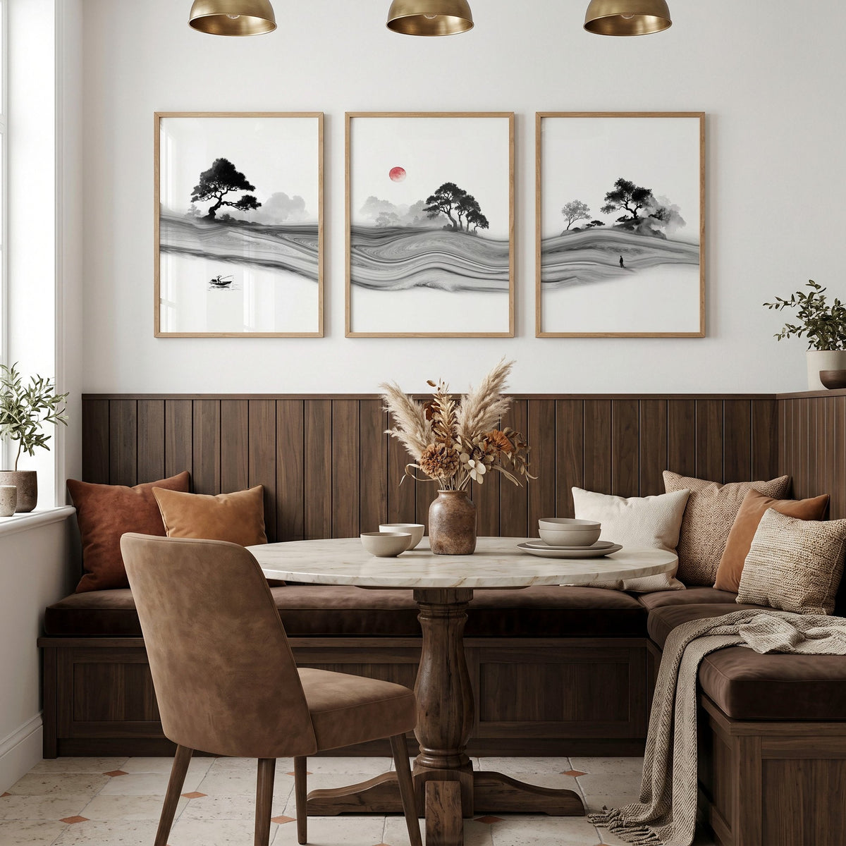 Traditional Japanese Wall Art Ink Landscape with Red Moon, Black & White | Set of 3