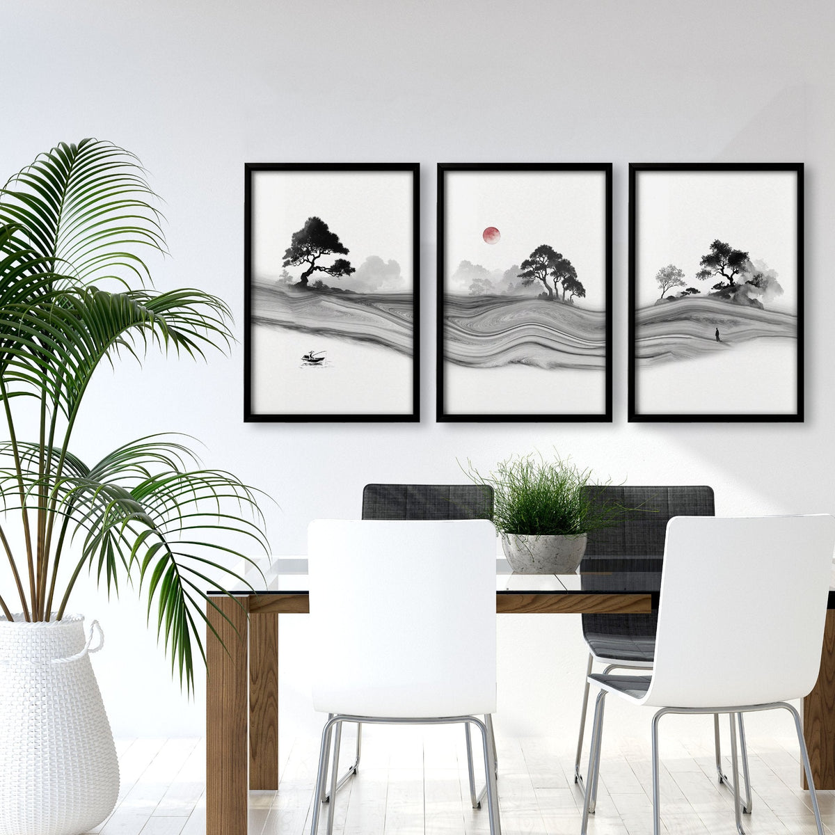 Traditional Japanese Wall Art Ink Landscape with Red Moon, Black & White | Set of 3