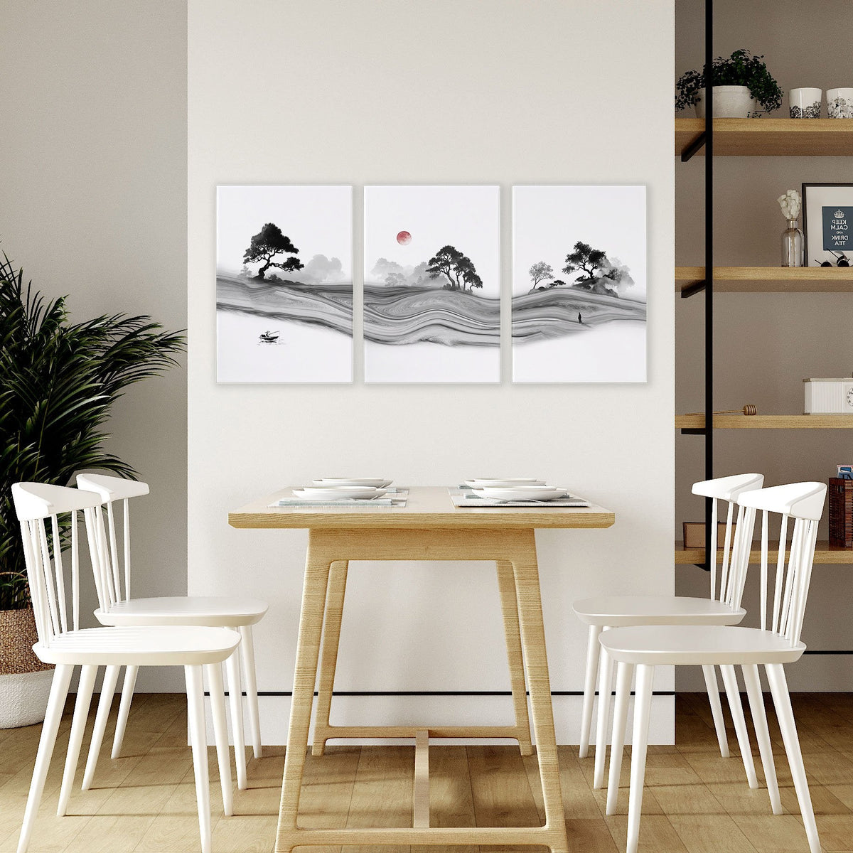 Traditional Japanese Wall Art Ink Landscape with Red Moon, Black & White | Set of 3