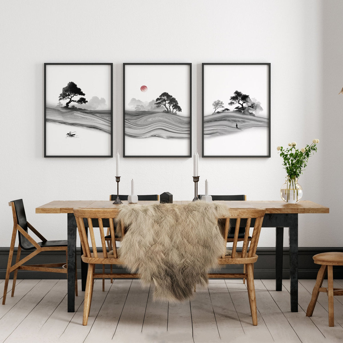 Traditional Japanese Wall Art Ink Landscape with Red Moon, Black & White | Set of 3