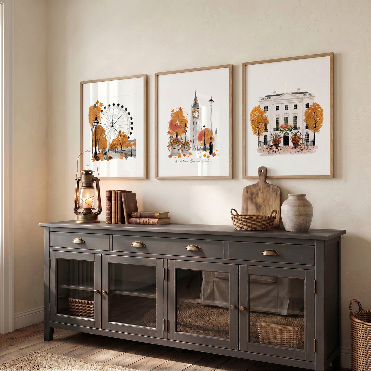 Travel Room Decor London Autumn Watercolour Wall Art Prints | "An Autumn Day in London" | Set of 3
