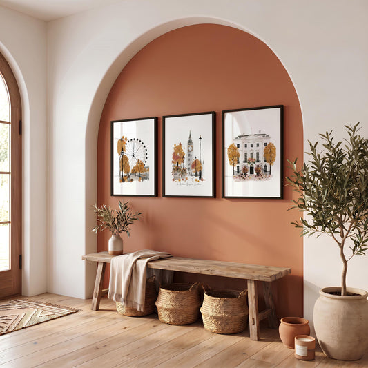 Travel Room Decor London Autumn Watercolour Wall Art Prints | "An Autumn Day in London" | Set of 3