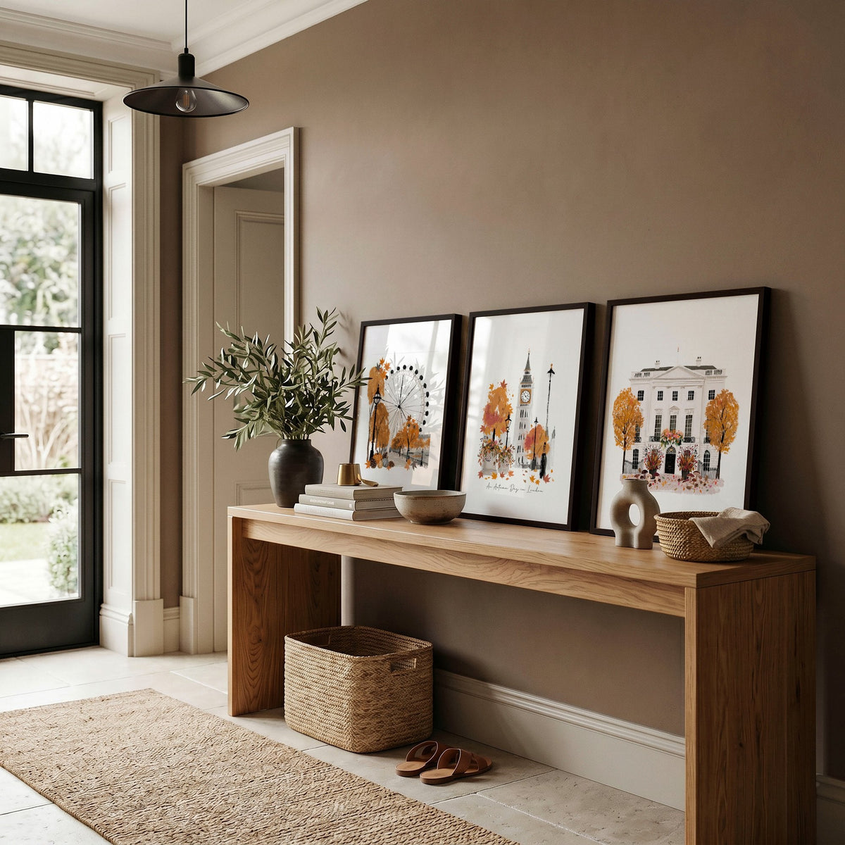 Travel Room Decor London Autumn Watercolour Wall Art Prints | "An Autumn Day in London" | Set of 3