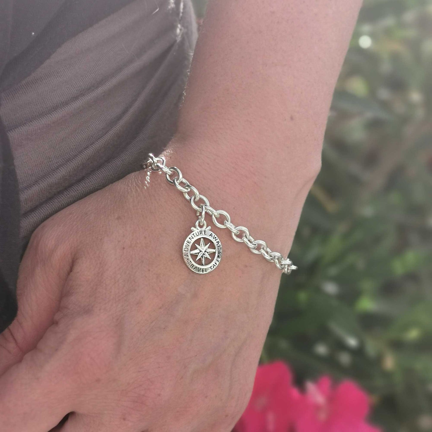 Travel Safe Outline Compass Silver Charm