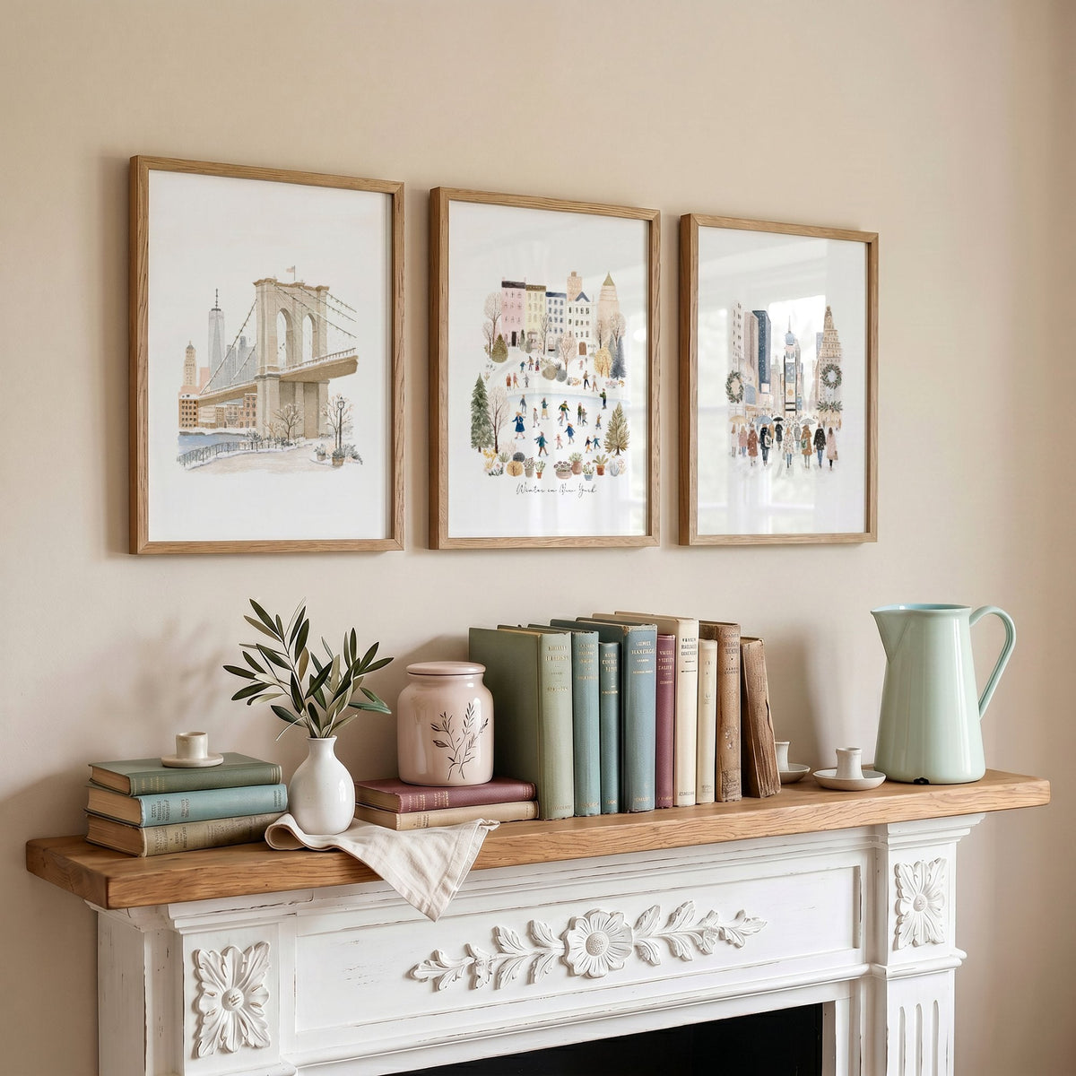 Travel Wall Art Decor New York Winter Watercolour "Winter in New York" Beige Pastel NYC | Set of 3