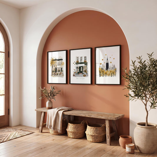 New York Travel Wall Art | "Autumn in New York" Ochre Watercolour City Prints | Set of 3