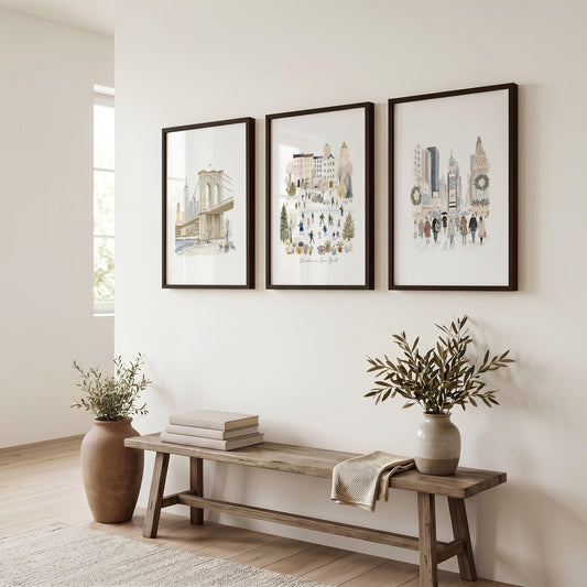Travel Wall Decor Ideas New York Winter Watercolour Art Prints | "Winter in New York" | Set of 3