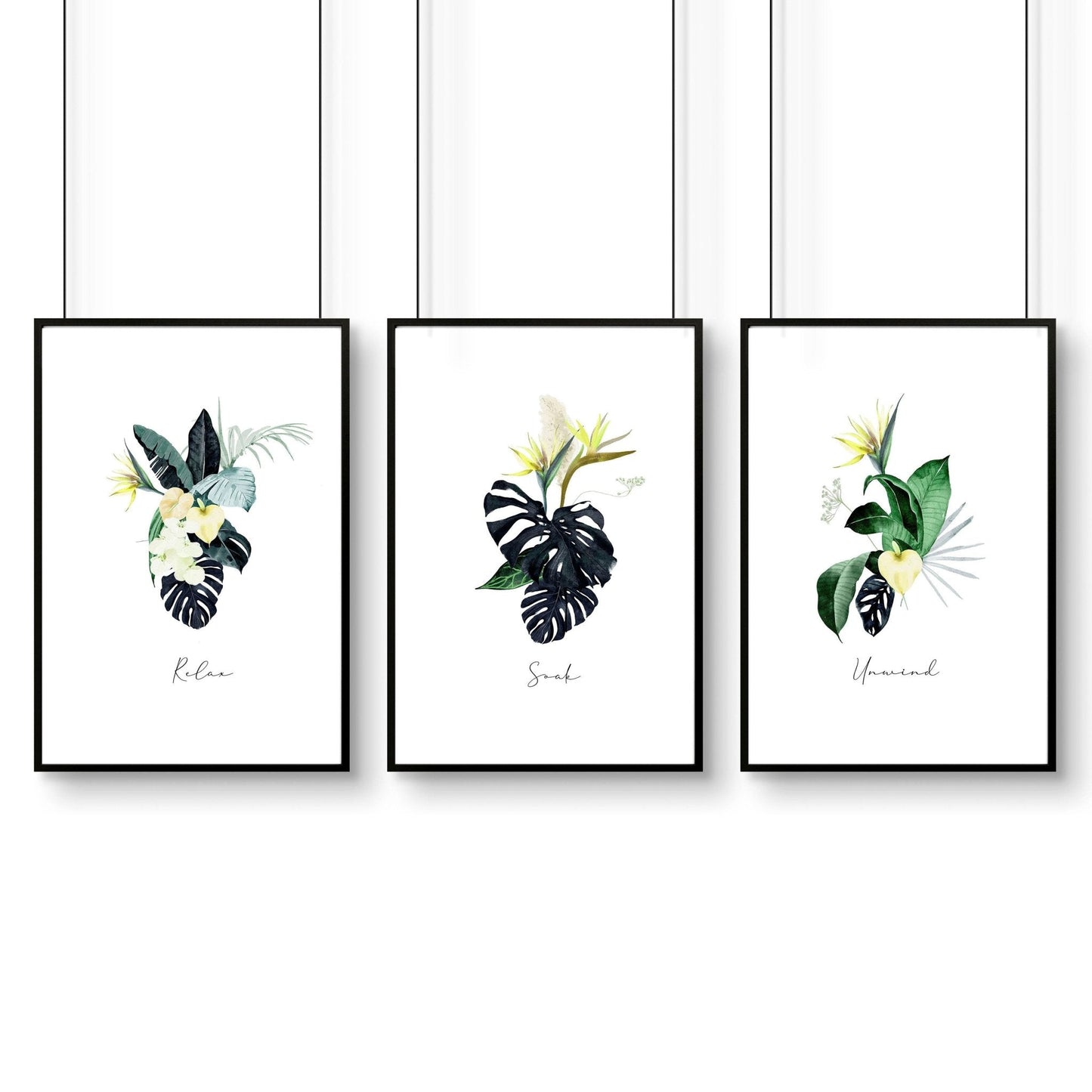 Decoration for bathroom walls | Set of 3 Tropical wall art