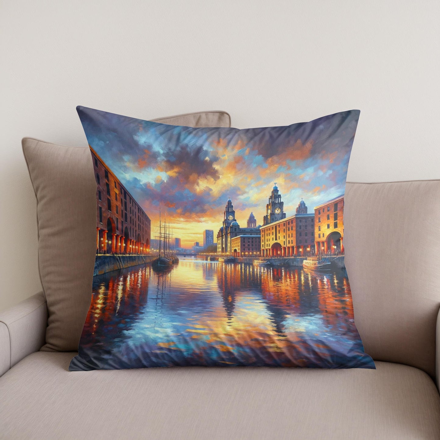 Liverpool Albert Dock Dusk Impression Cotton Cushion