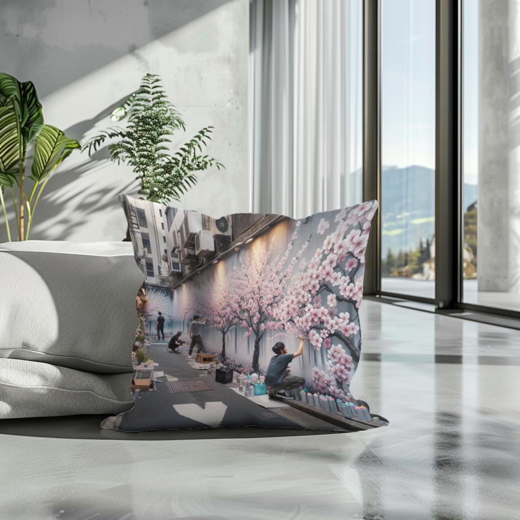 Cherry Blossom Graffiti Cotton Cushion