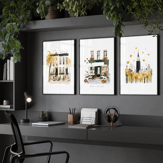 Unique Office Wall Decor "Autumn in New York" Ochre NYC Travel Art Prints | Set of 3