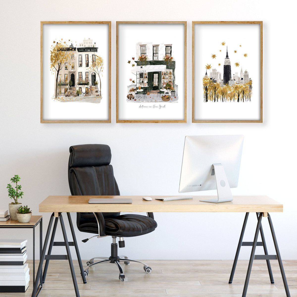Unique Office Wall Decor "Autumn in New York" Ochre NYC Travel Art Prints | Set of 3