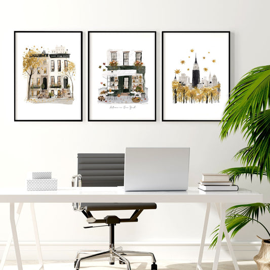Unique Office Wall Decor "Autumn in New York" Ochre NYC Travel Art Prints | Set of 3