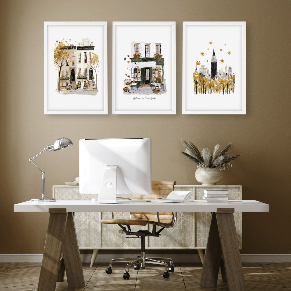 Unique Office Wall Decor "Autumn in New York" Ochre NYC Travel Art Prints | Set of 3