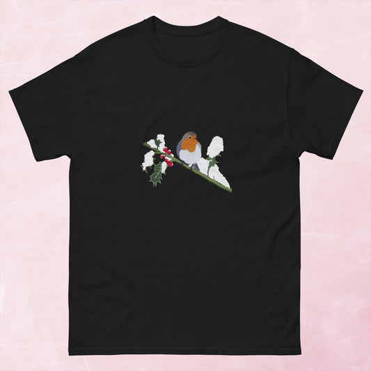 Cute hand illustrated Christmas robin bird unisex graphic tshirt