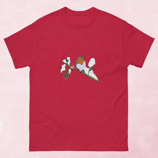 Cute hand illustrated Christmas robin bird unisex graphic tshirt