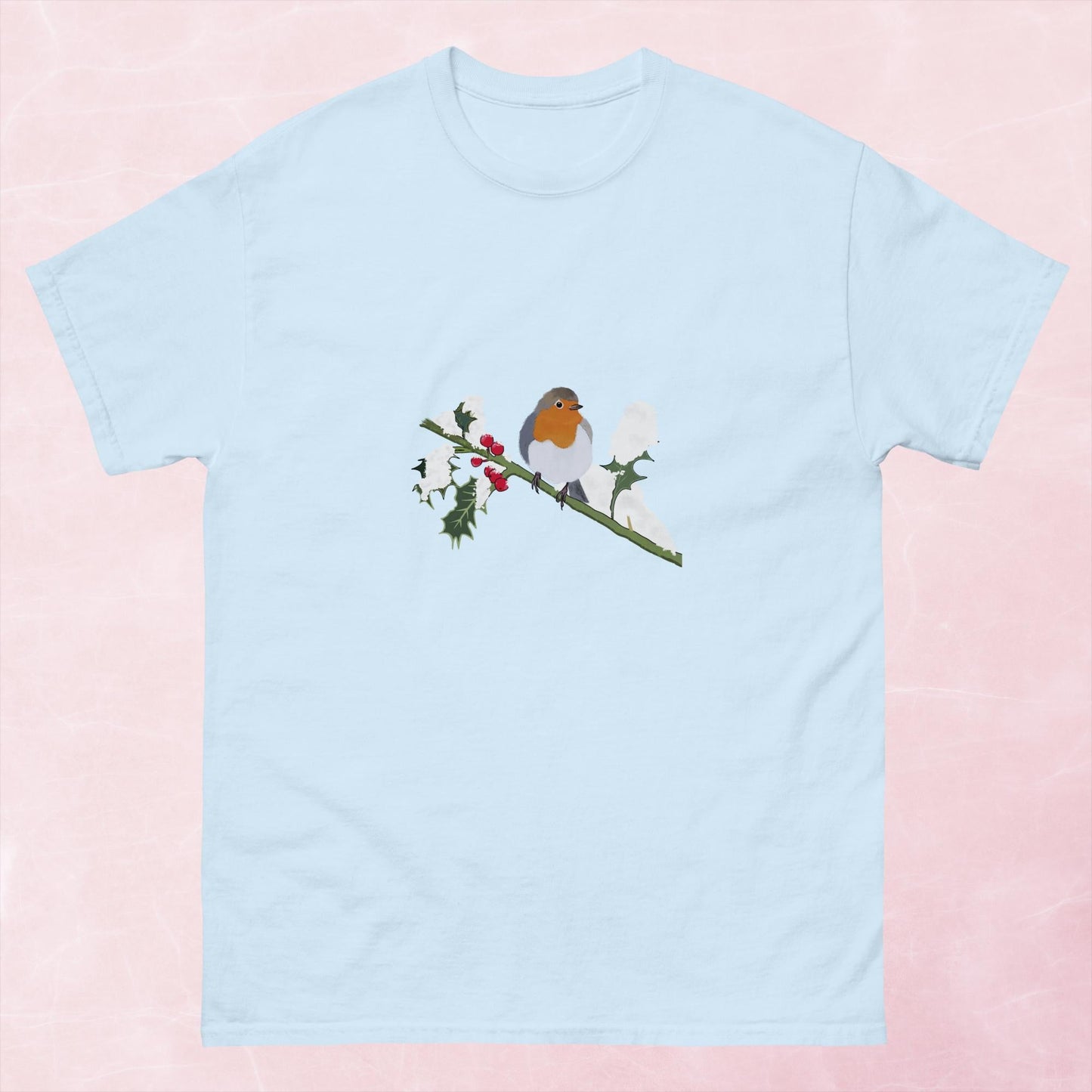 Cute hand illustrated Christmas robin bird unisex graphic tshirt