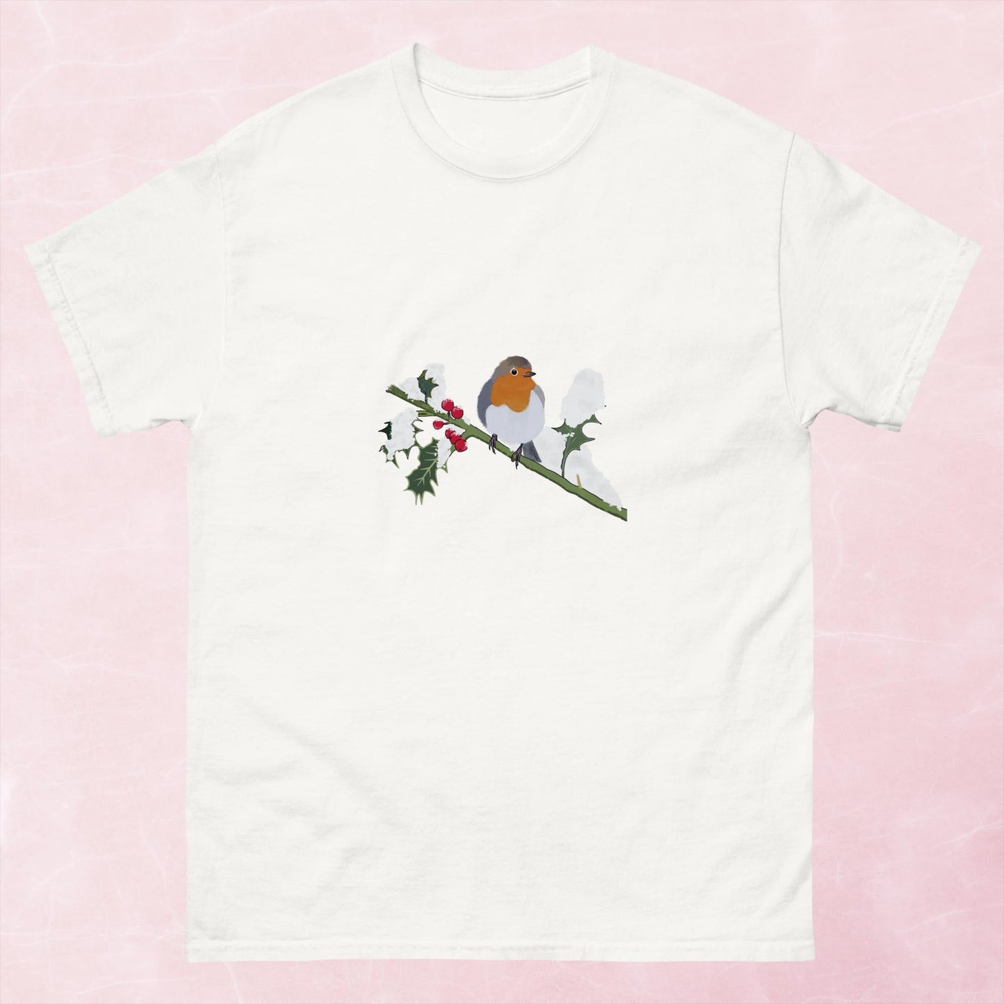Cute hand illustrated Christmas robin bird unisex graphic tshirt