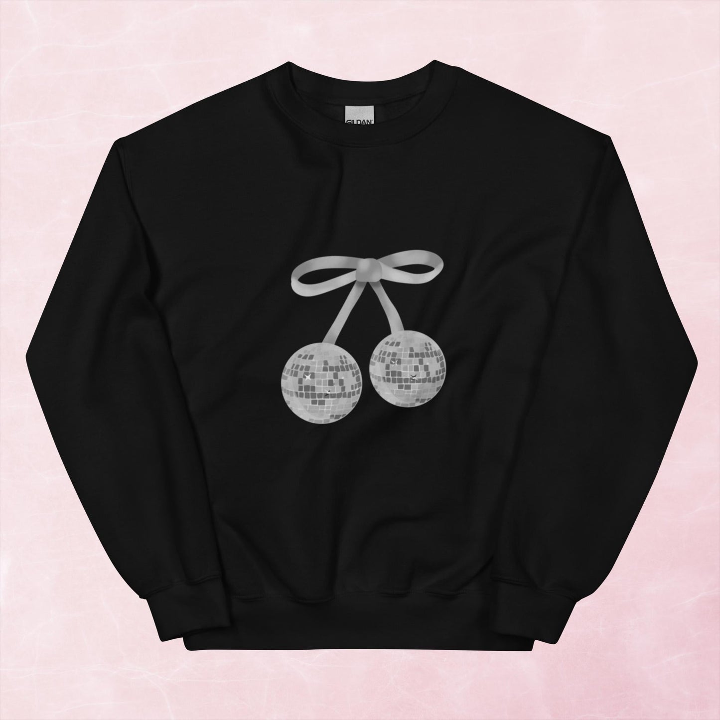 Cool hand illustrated silver cherry bow disco ball unisex graphic sweatshirt jumper
