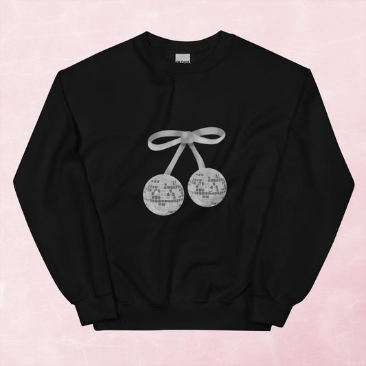 Cool hand illustrated silver cherry bow disco ball unisex graphic sweatshirt jumper