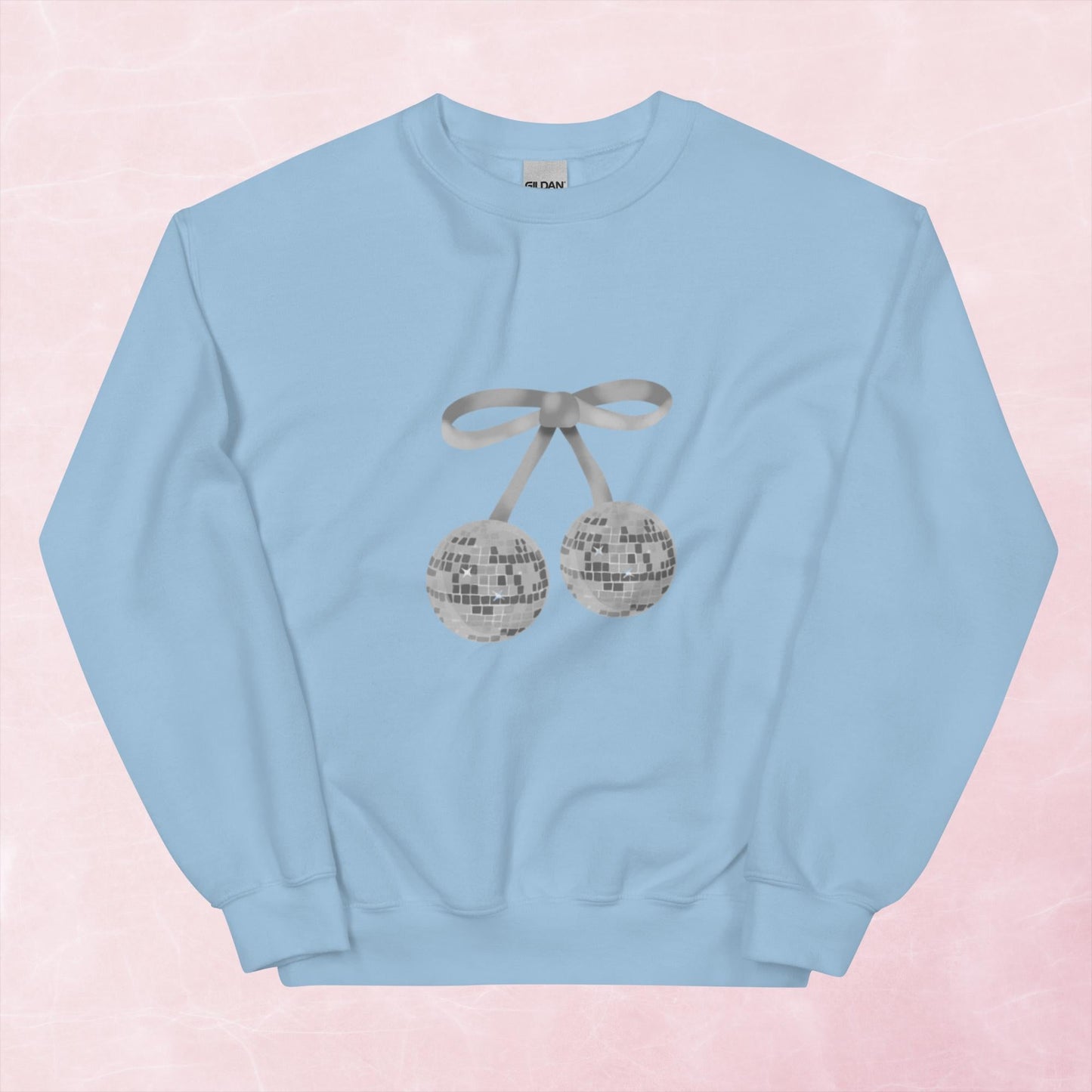 Cool hand illustrated silver cherry bow disco ball unisex graphic sweatshirt jumper