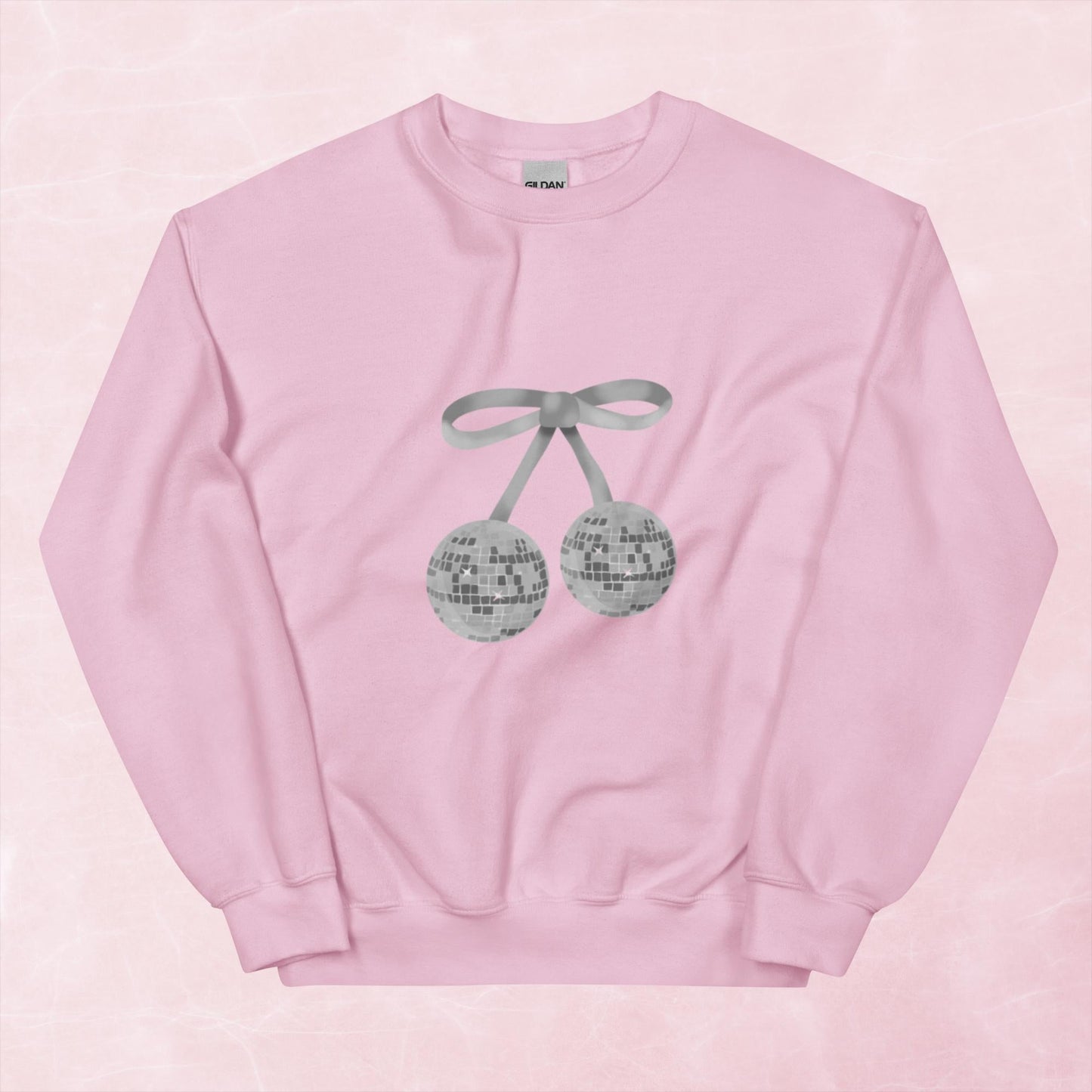Cool hand illustrated silver cherry bow disco ball unisex graphic sweatshirt jumper