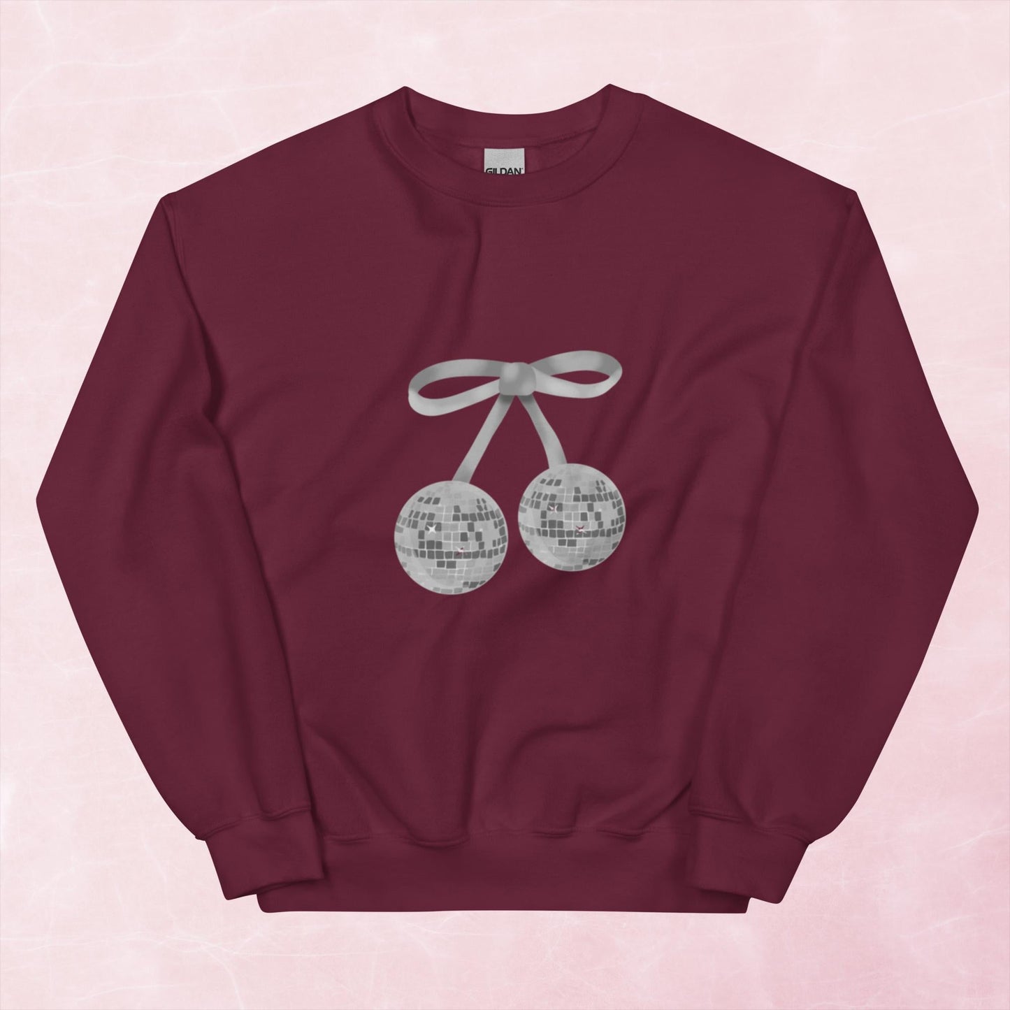 Cool hand illustrated silver cherry bow disco ball unisex graphic sweatshirt jumper