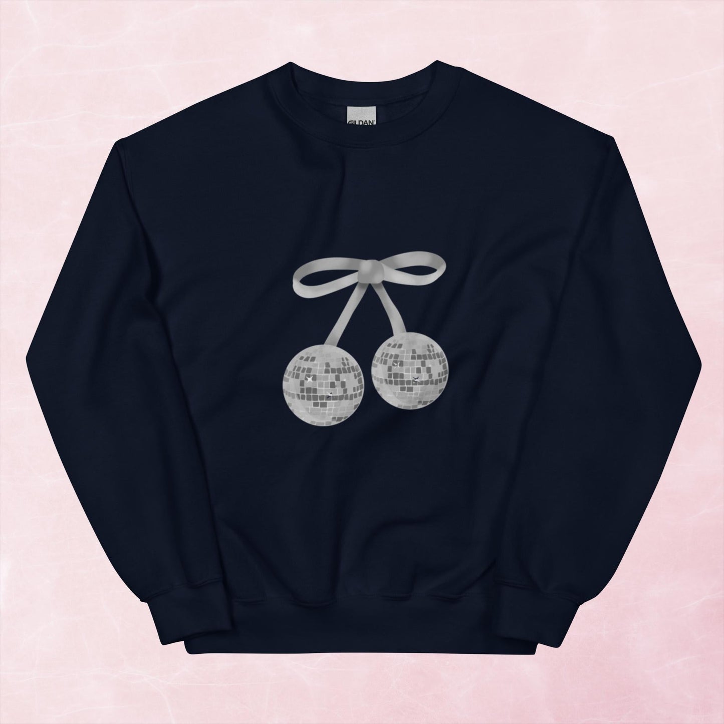 Cool hand illustrated silver cherry bow disco ball unisex graphic sweatshirt jumper
