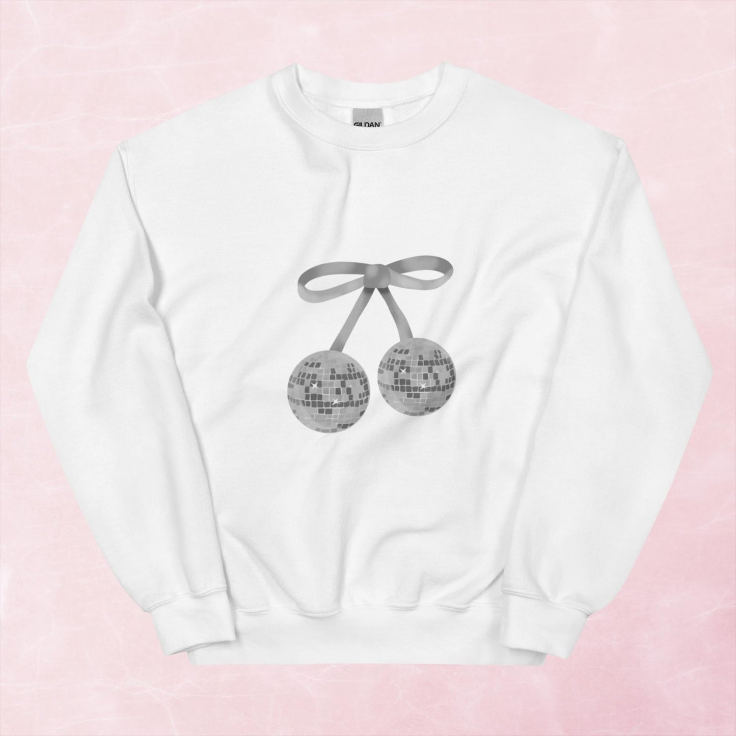 Cool hand illustrated silver cherry bow disco ball unisex graphic sweatshirt jumper