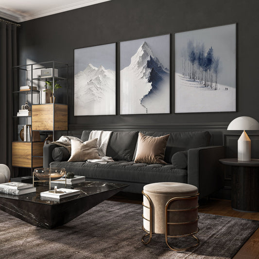 Unusual Wall Art for Living Room Scandi Nordic Mountain Landscape Grey White Blue Art Prints | Set of 3