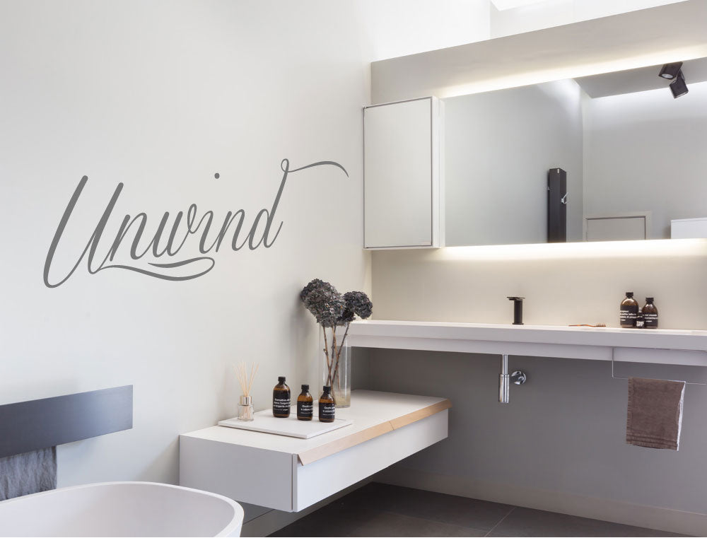 Unwind Vinyl Lettering Wall Sticker – Relaxing Quote for Bathroom or Spa