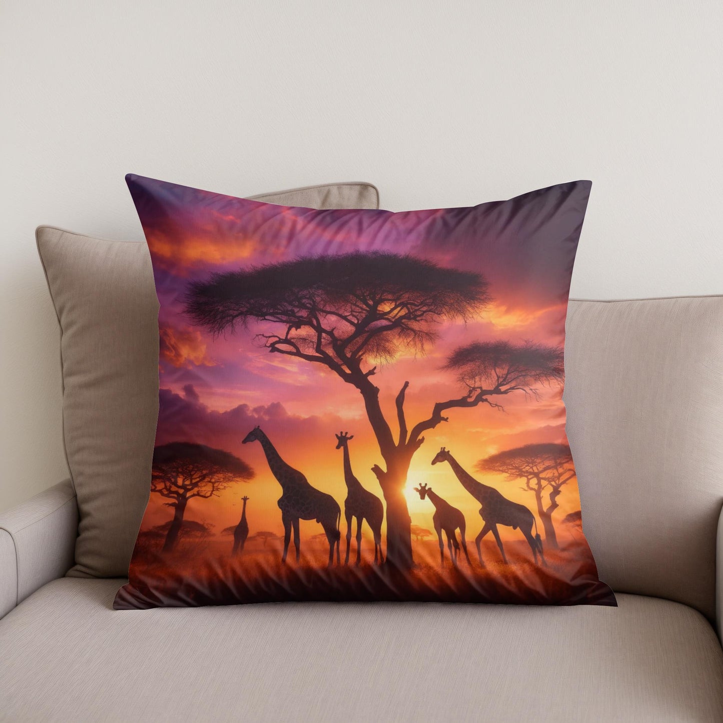 Sunset Giraffes Cotton Cushion