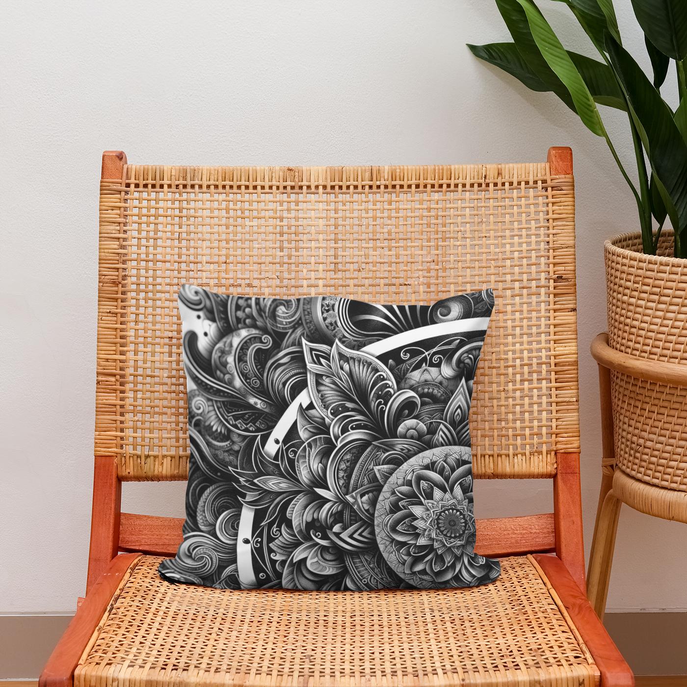 Inked Grace: Silver Line Elegance Cotton Cushion