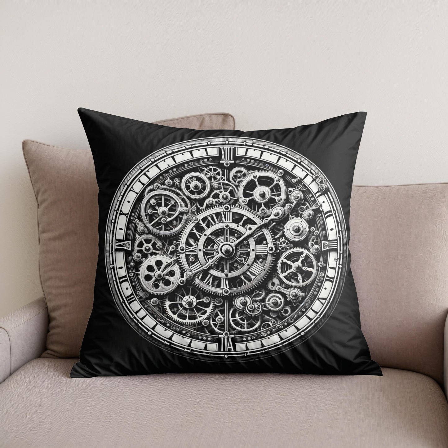 Intricate Time: Clockwork Cotton Cushion
