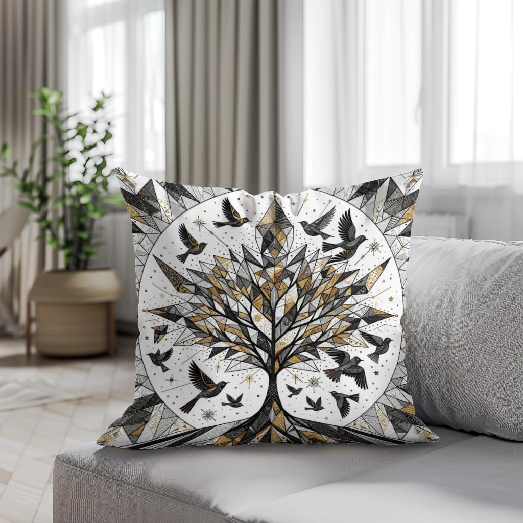 Golden Geometric Nature Cotton Cushion