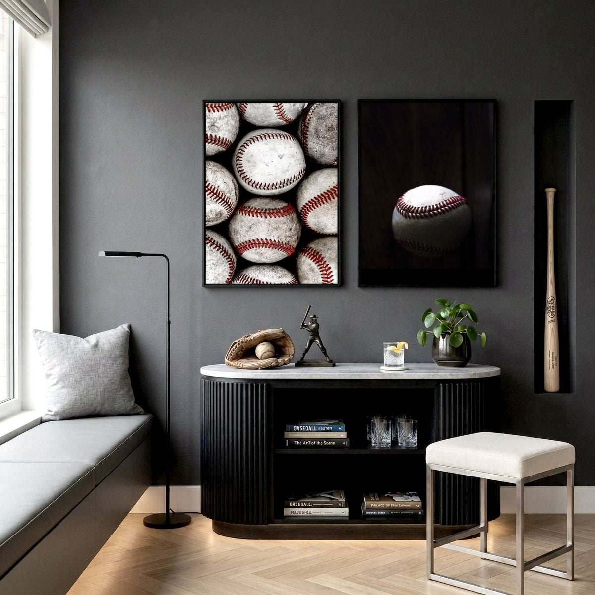 Vintage Art Prints Worn Baseballs Black White Red Photography | Set of 2