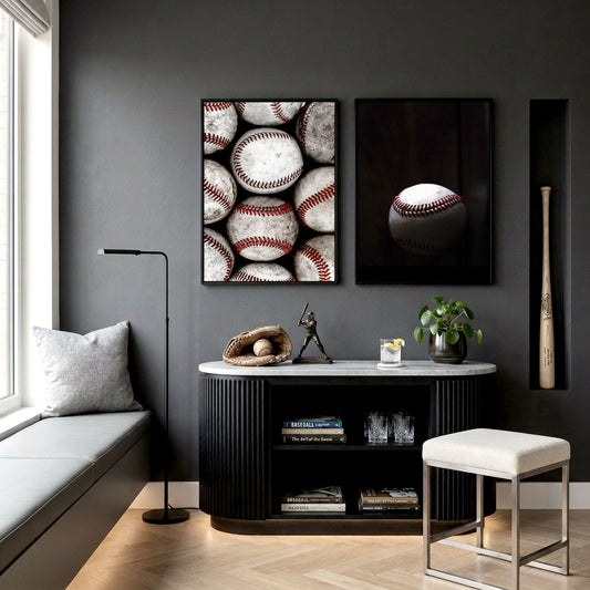 Vintage Art Prints Worn Baseballs Black White Red Photography | Set of 2