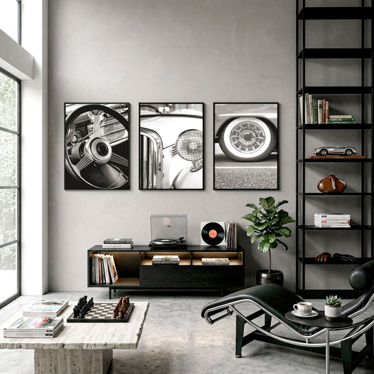 Vintage Car Poster Black & White Classic Auto Close-Up Wall Art Prints | Set of 3