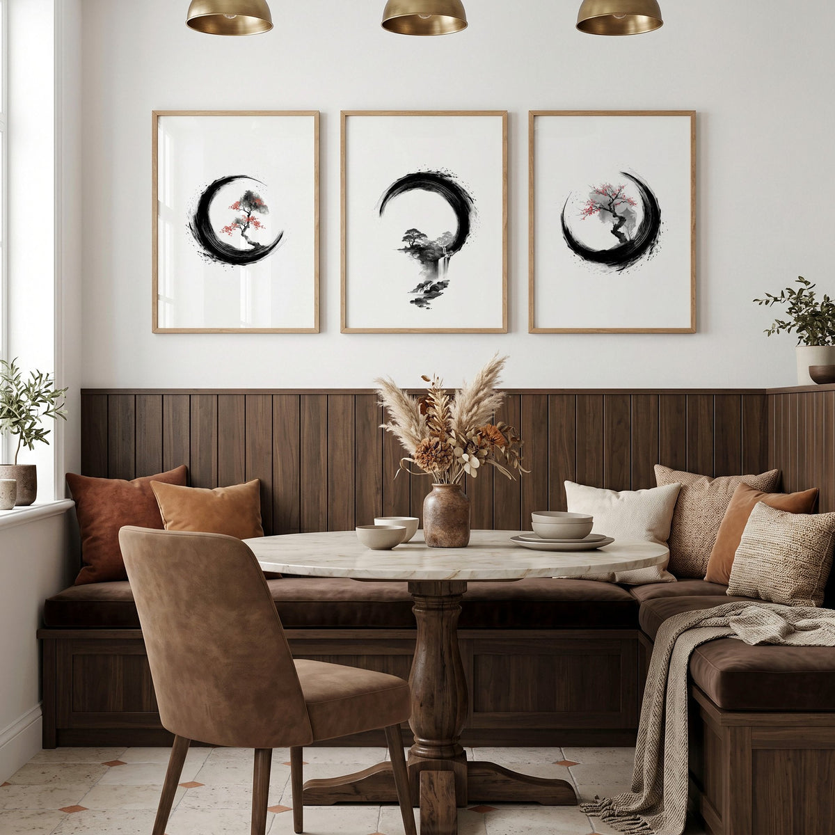 Vintage Japanese Wall Art Enso Circle Ink Brush Zen Prints | Set of 3