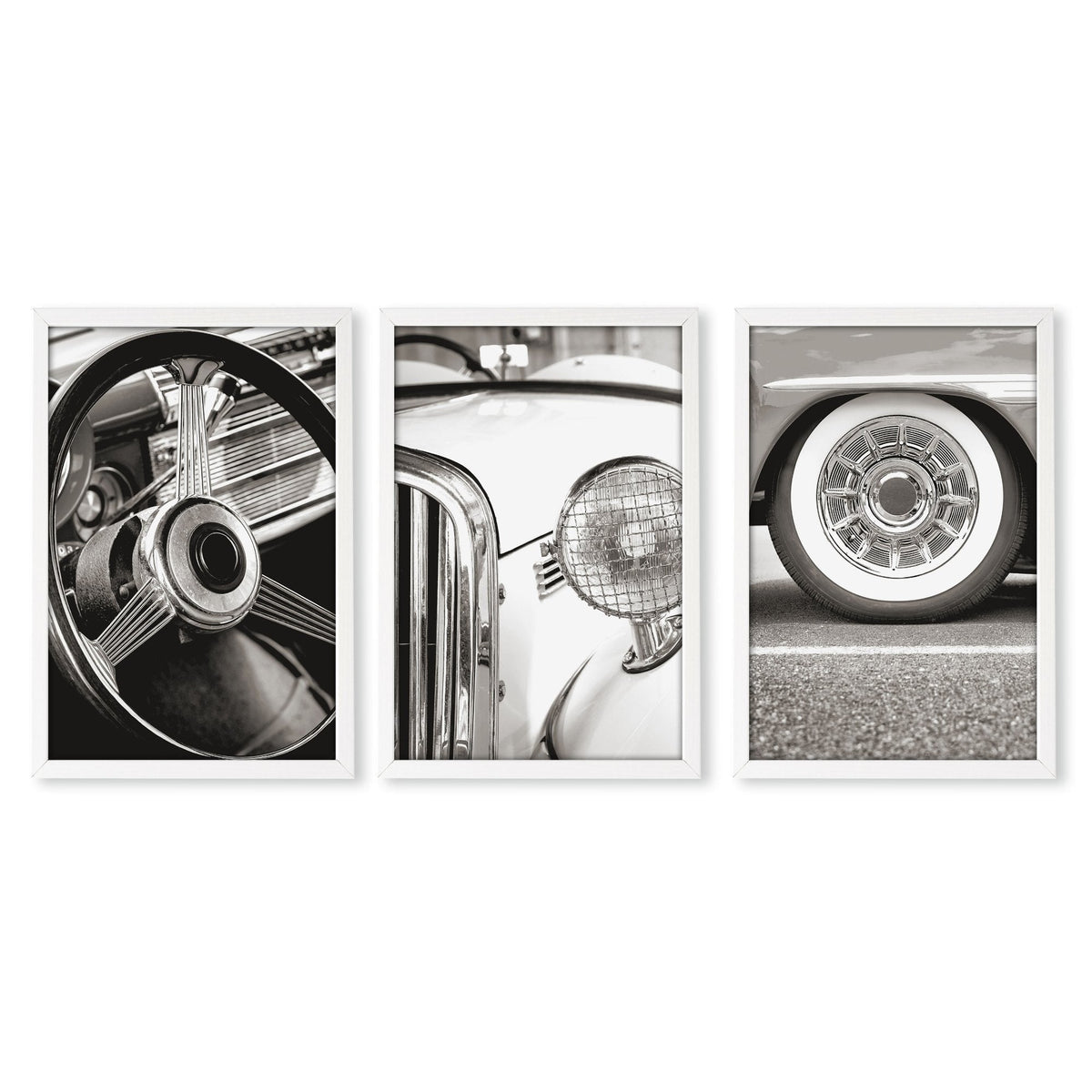 Vintage Posters Classic Car Detail Black & White Photography Wall Art Prints | Set of 3