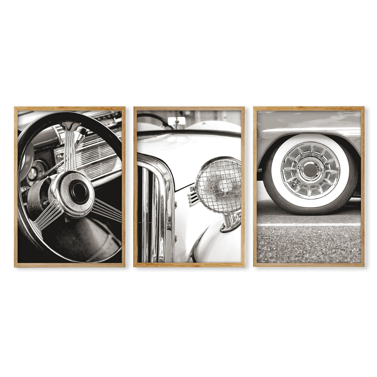 Vintage Posters Classic Car Detail Black & White Photography Wall Art Prints | Set of 3