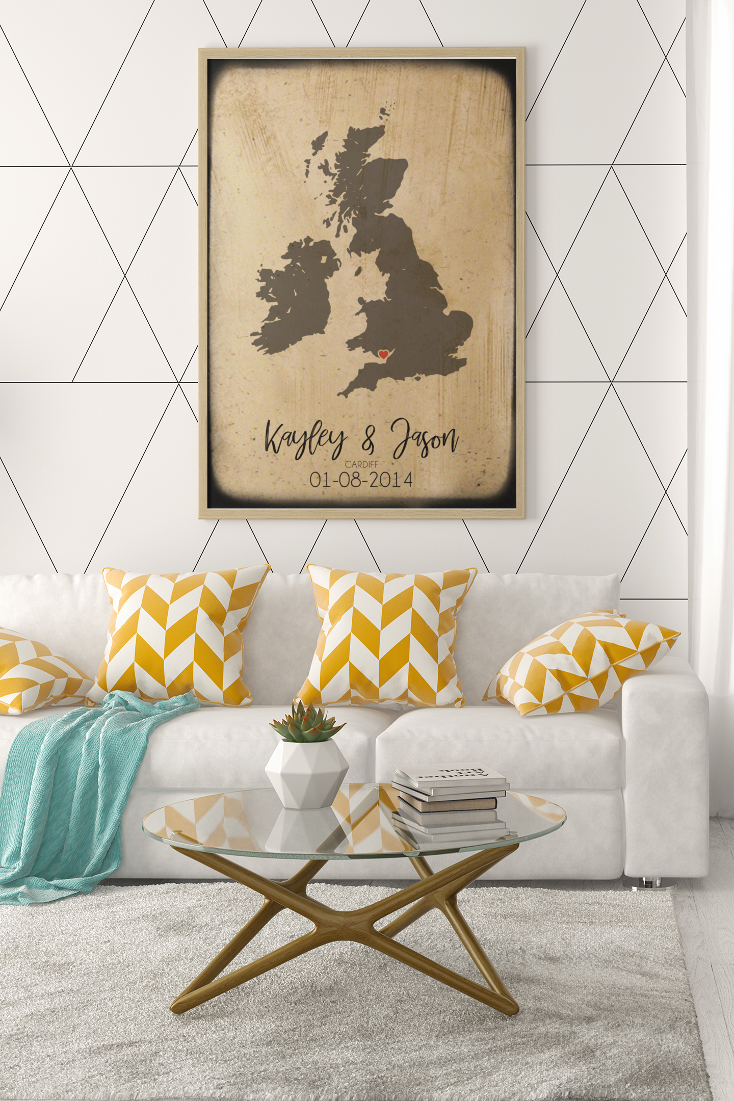 Couples United Kingdom Map with Special Dates & Heart Personalised Wall Decor Print with 10 New Styles