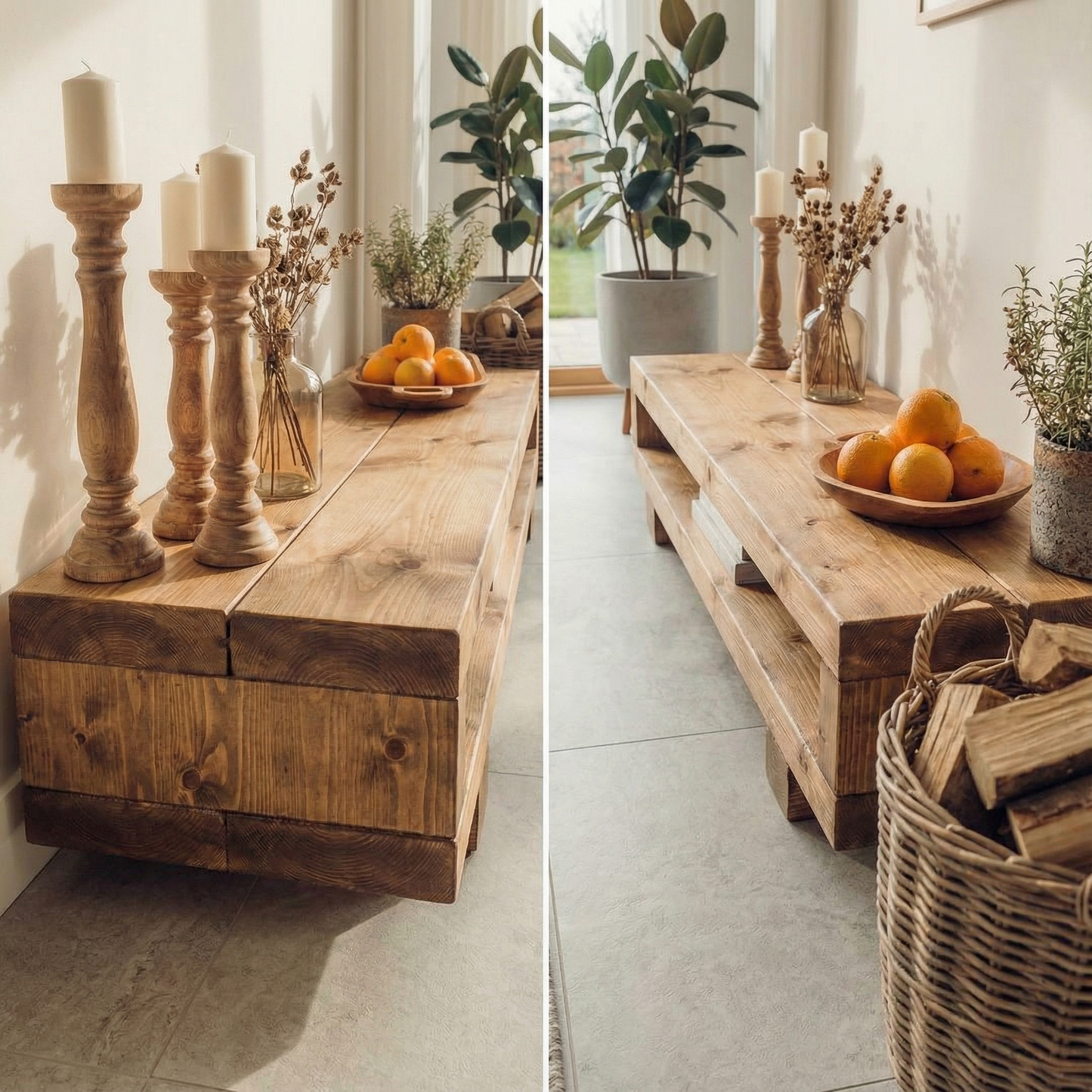 VIOT Low Solid Wood Chunky TV Unit Dark Oak Colour