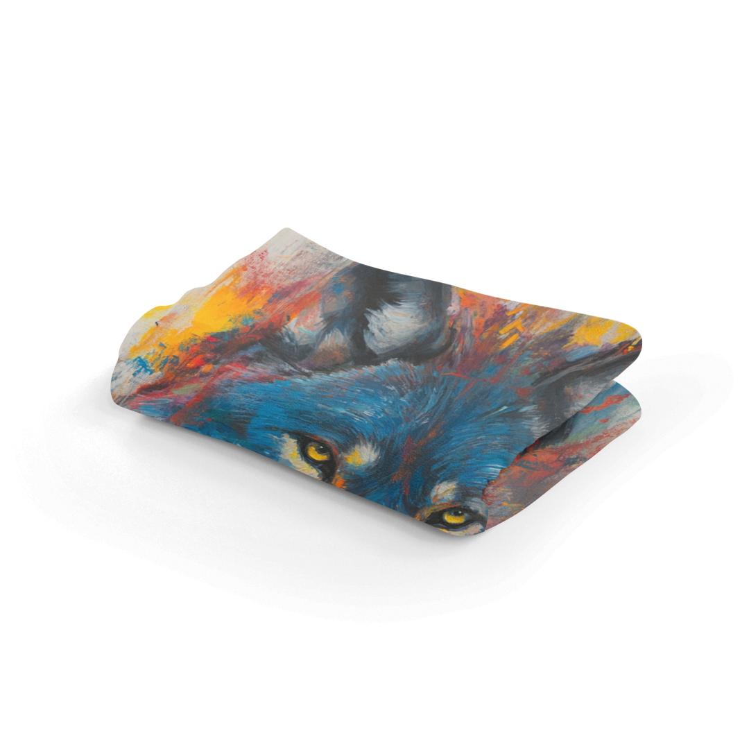 Vibrant Wolf on Grey Blanket