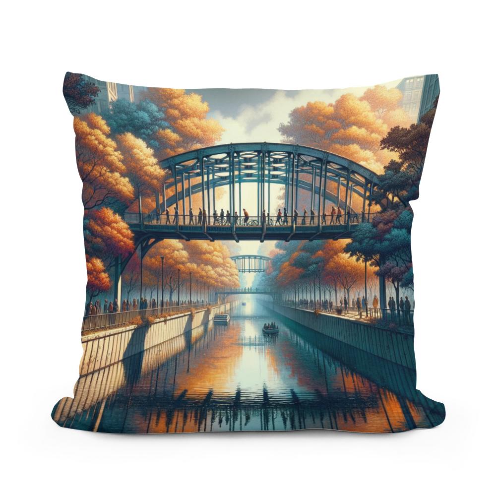 Autumn Urban Bridge Cotton Cushion