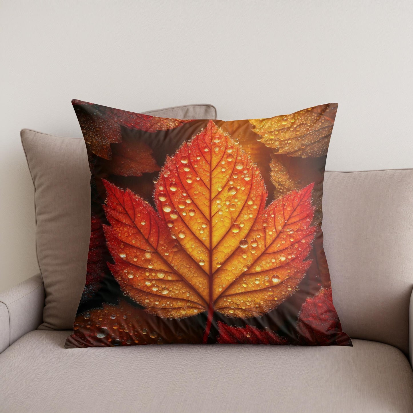 Dew-Kissed Autumn Leaf Cotton Cushion