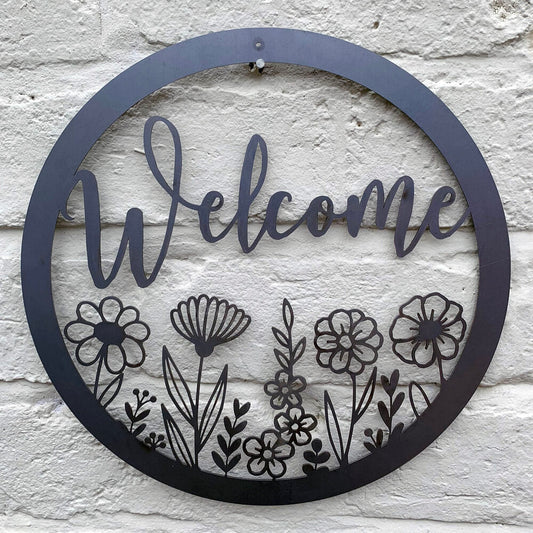 PoppyForge Wildflower Round Welcome Wall Art - Bare Metal Ready to Rust